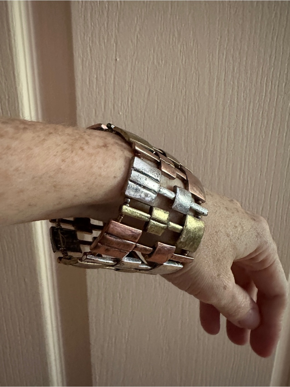 Mixed-Metal Wide Link Cuff Bracelet - Silver, Gold & Copper Tones